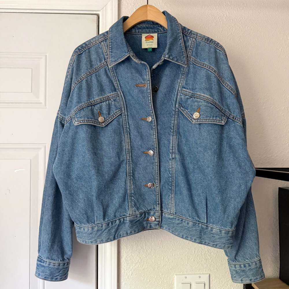 FARM RIO blue cotton denim boxy batwing dolman cropped jean jacket